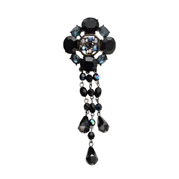 Givenchy Blue Black Rhinestone Cross Round Brooch Dangle Tassel Pin, Signed L992